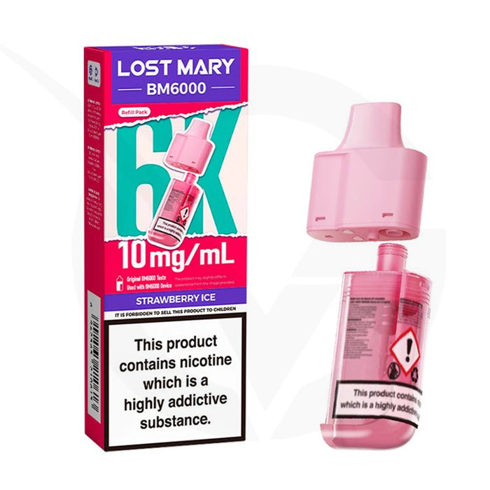 Strawberry Ice Prefilled Pods By Lost Mary BM6000 + Refill Containers